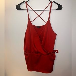 Shimmer Red Express Cross Back Strappy Peplum Bow Wrap Tank Top - Medium